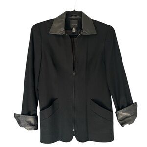 LIMITED 100% Wool Shell Genuine Leather Trim Full Zip Collared Blazer Size 6